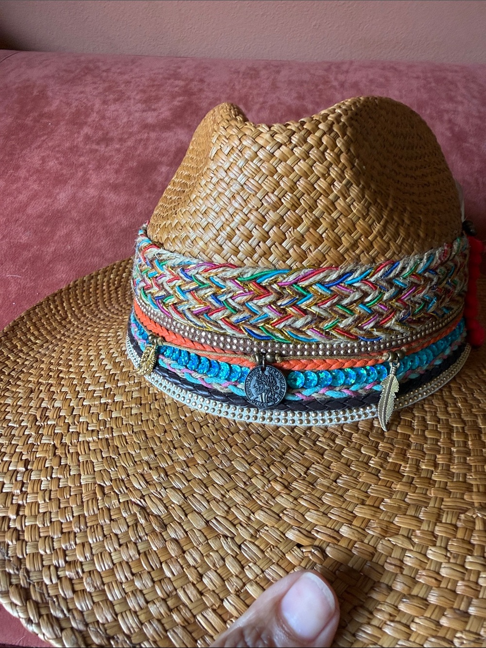 Women’s Straw Fedora Hat with Colorful Braided Band - Tan - Picture 4 of 7